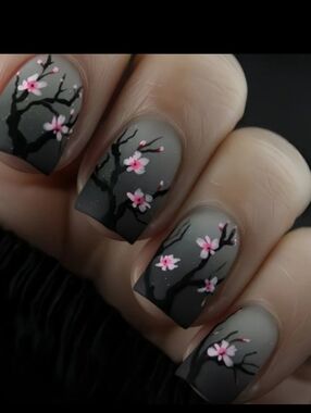 🔥3/$21 Matte Gray Cherry Blossom Press On Nails with Pink Accents